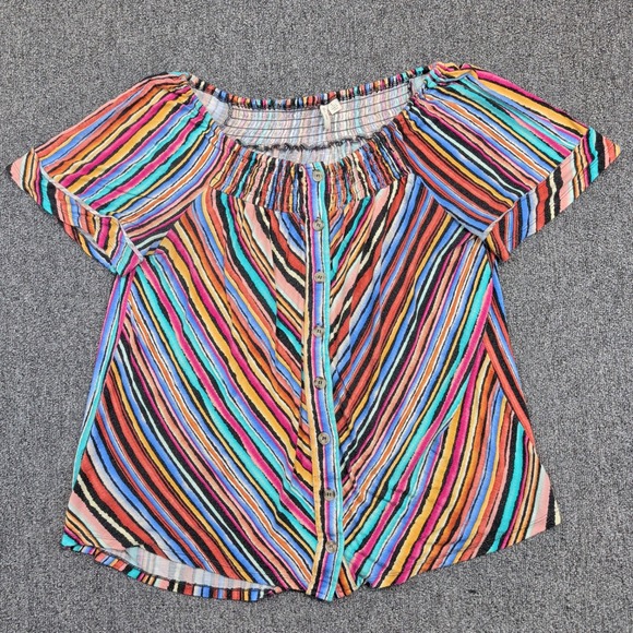 EST. 1946 Boho Striped Off Shoulder Smocked Button Front Top Large Multi-Color — photo 2
